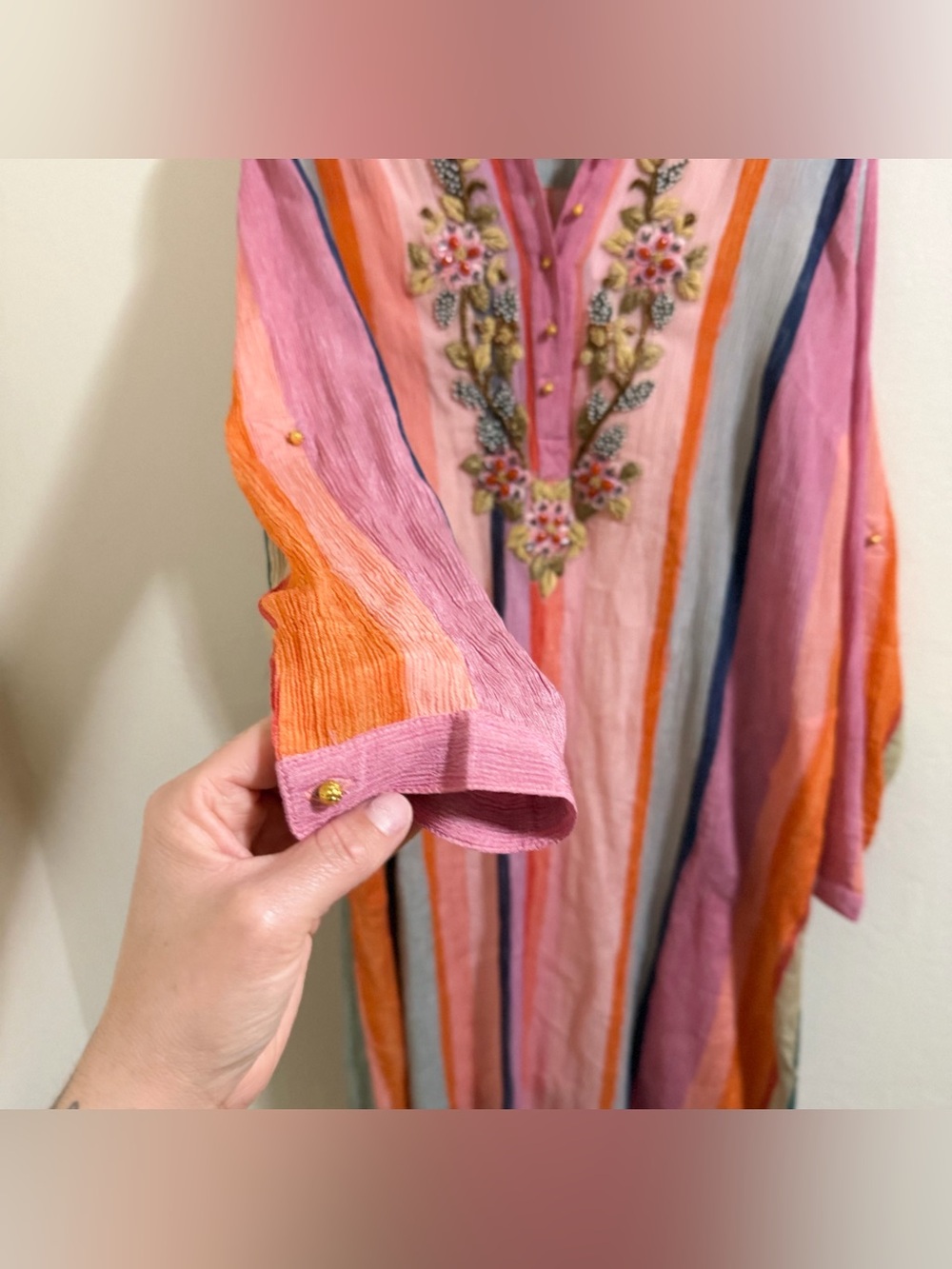 Soft Surroundings Aruba Striped Embroidered Gauze Caftan Maxi Dress M NWT - Picture 5 of 15